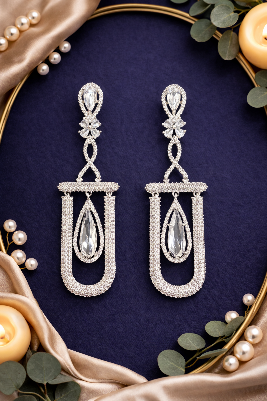 U-Link Floral Cubic Zirconia Drop Earrings, white stones in silver-tone setting, artistic navy velvet display