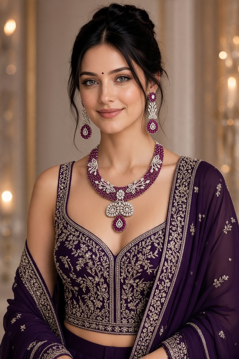 Purple Floral Statement Necklace & Earring Set in Purple, additional view