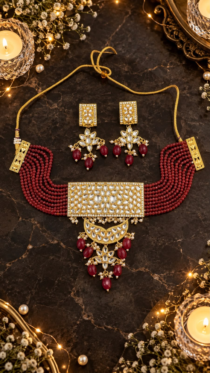 Red multi-strand beaded choker necklace with gold-tone rectangular centrepiece and matching drop earrings