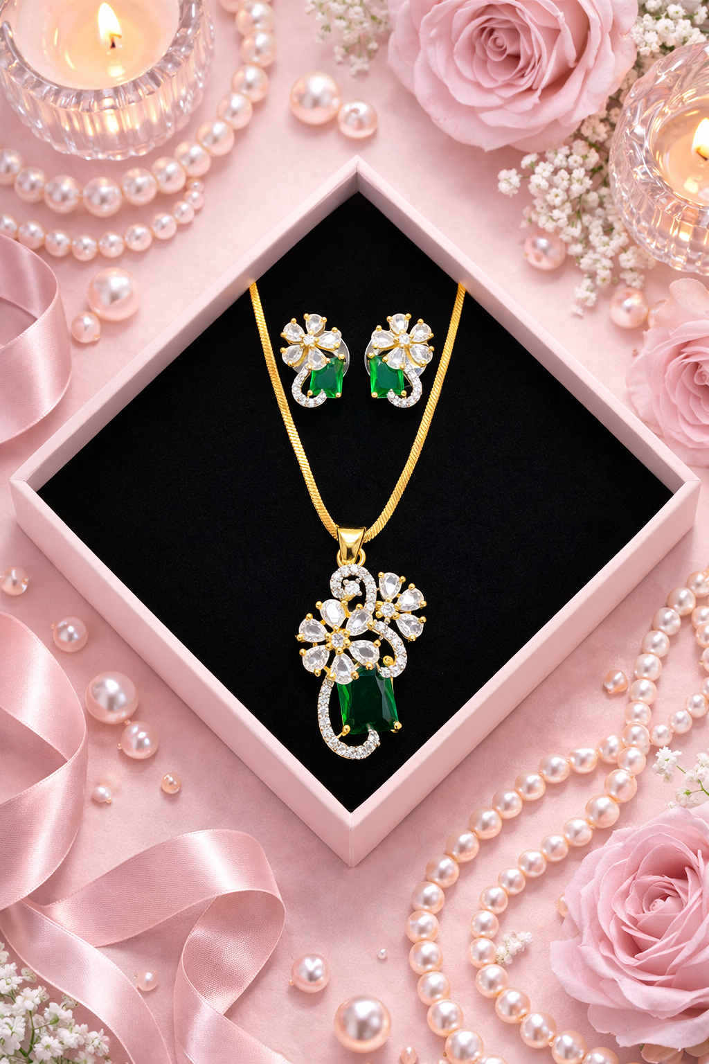 Floral Scroll Chain Pendant and Earring Set - alternate view