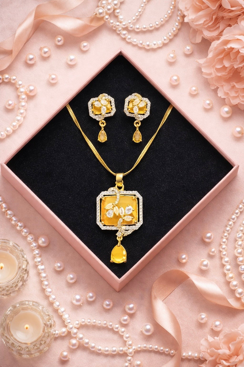 Square Floral Drop Chain Pendant and Earring Set - Yellow
