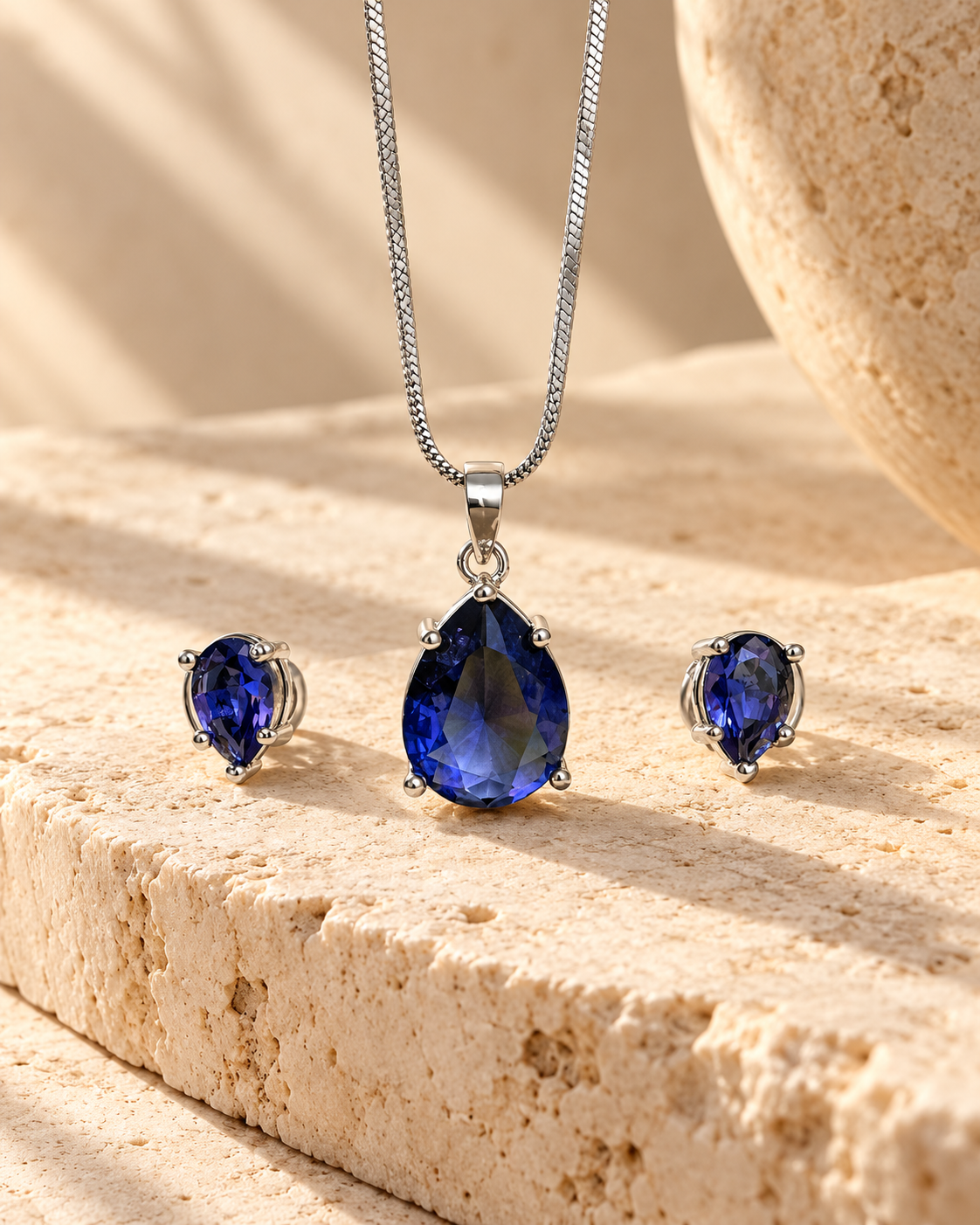 Pear Solitaire Chain Pendant and Stud Set in Blue, Silver-tone setting, artistic stone display
