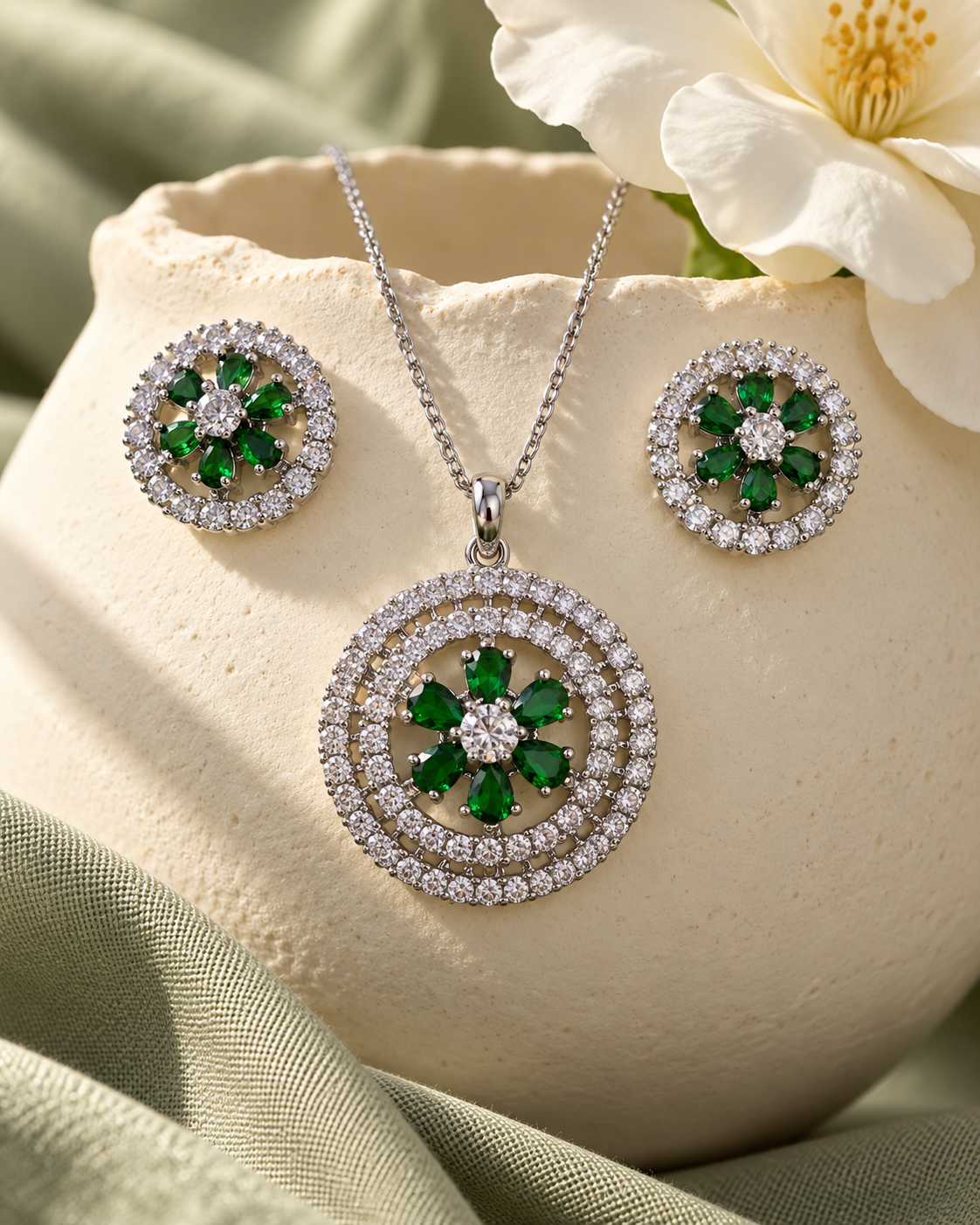 Daisy Medallion Chain Pendant and Stud Set in Green, Silver-tone setting, artistic jewellery display