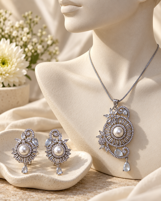 Pearl Centre Peacock Chain Pendant Set in White, Silver-tone setting, artistic jewellery display