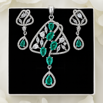 Emerald green CZ pendant necklace and earrings set - SKU 1 (enhanced)