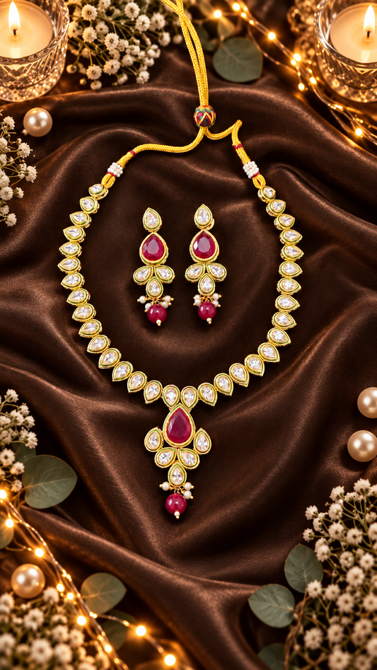 Model wearing the ruby red kundan choker necklace and earring set