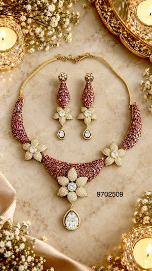 Floral cubic zirconia Y-necklace and earring set in red