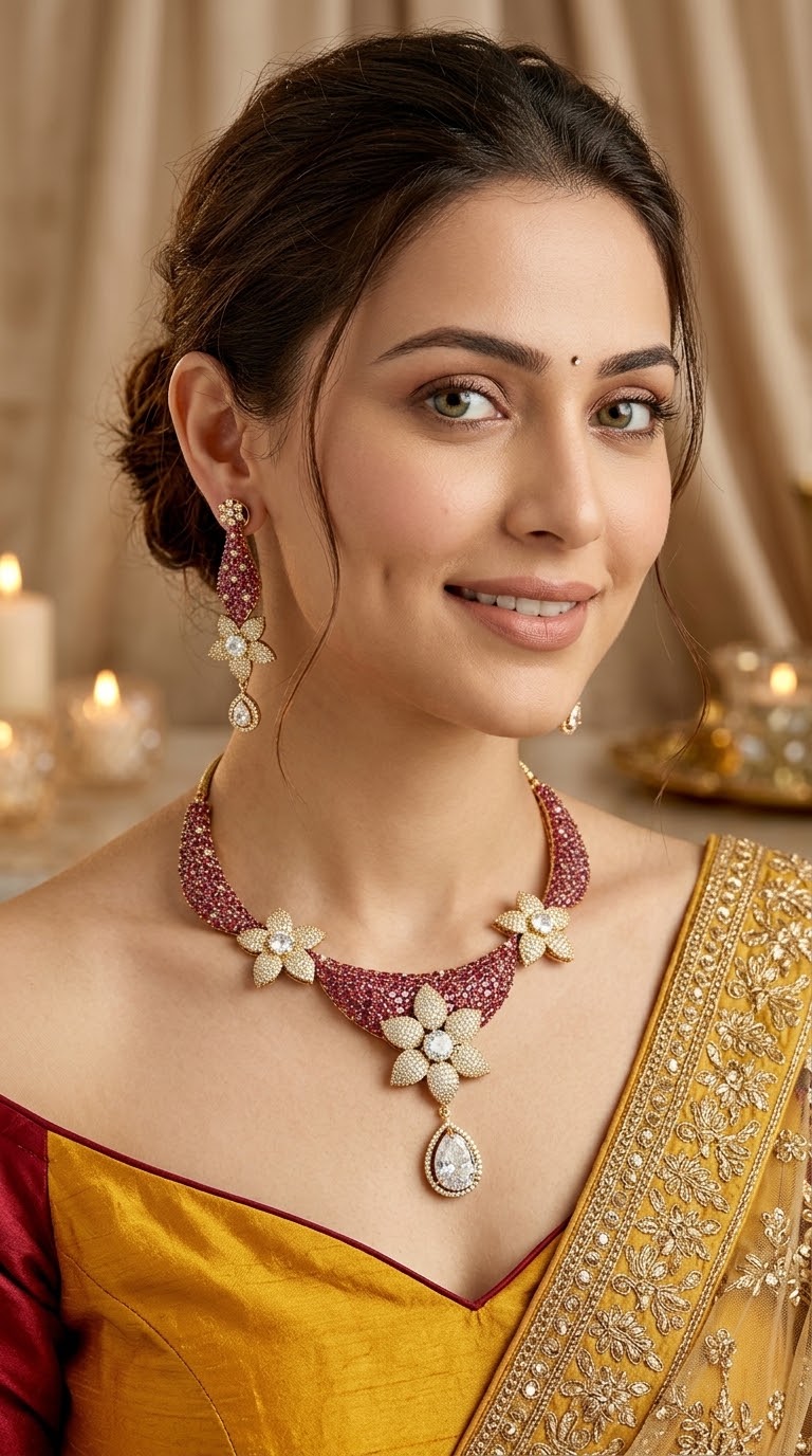 Model wearing the floral cubic zirconia Y-necklace and earring set in red
