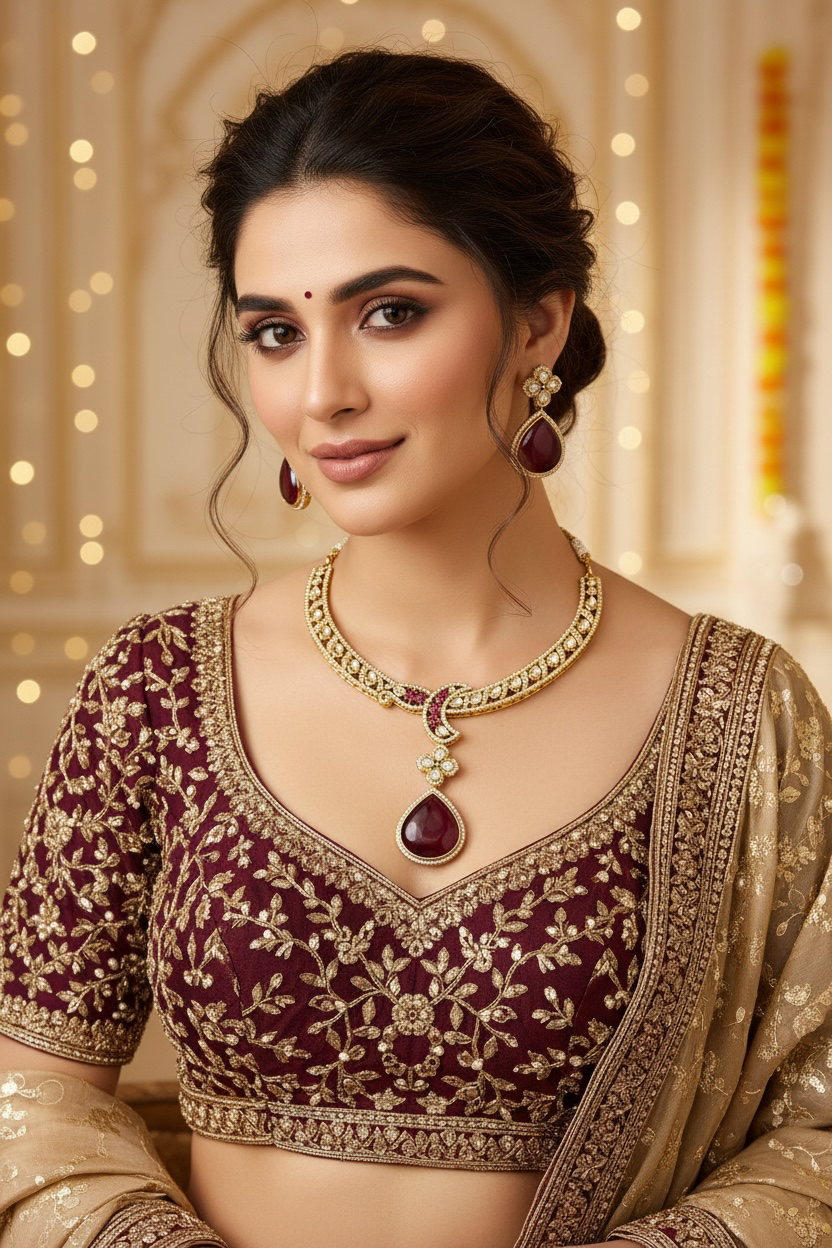 Model wearing the antique gold kundan necklace and earring set in red