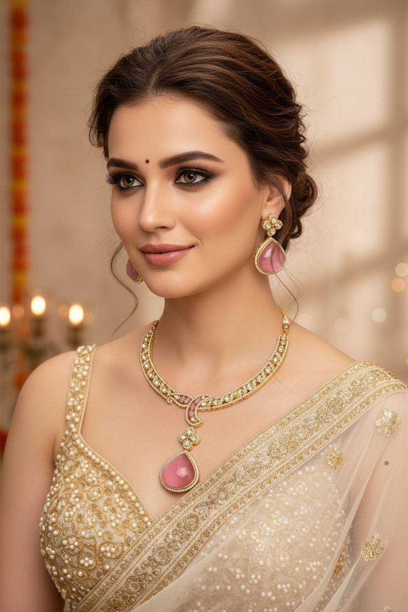 Model wearing the antique gold kundan necklace and earring set in blush pink