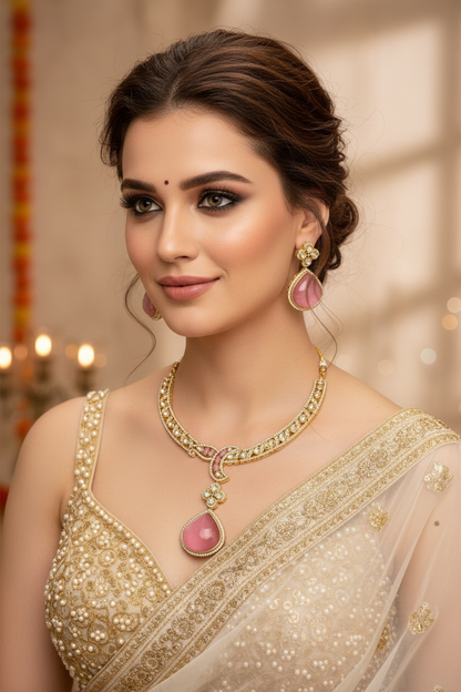 Model wearing the antique gold kundan necklace and earring set in blush pink
