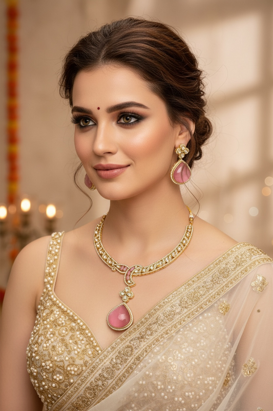 Model wearing the antique gold kundan necklace and earring set in blush pink