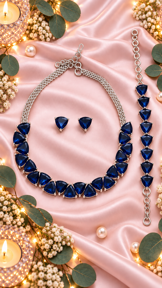 Trillion-cut cubic zirconia necklace, earring and bracelet set in sapphire blue
