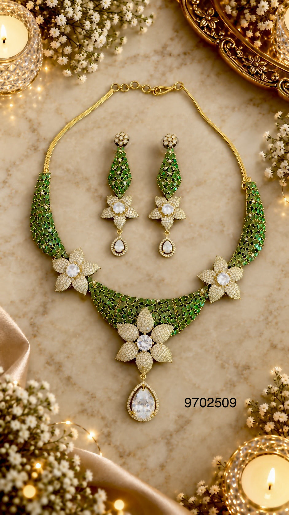 Floral cubic zirconia Y-necklace and earring set in emerald green