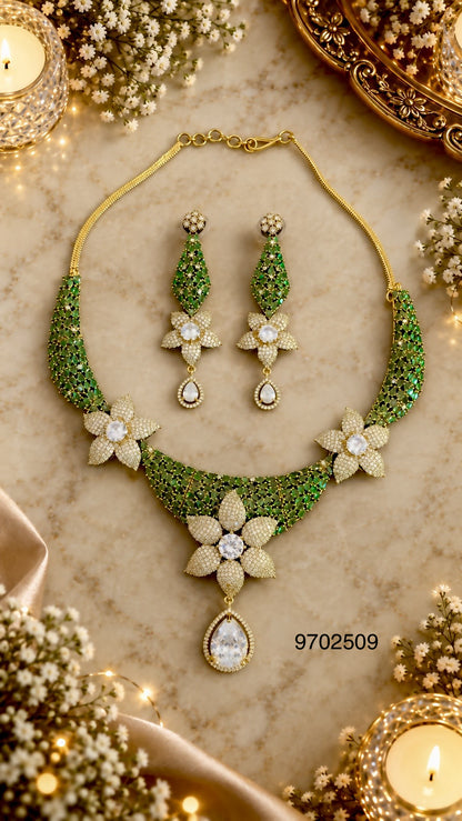 Floral cubic zirconia Y-necklace and earring set in emerald green