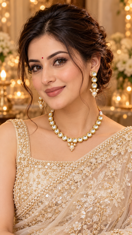 Model wearing the kundan pearl drop choker necklace and earring set