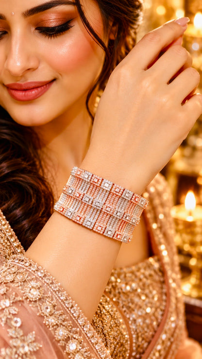 Rose Gold Baguette Grid Wide Bracelet, model wearing the bracelet