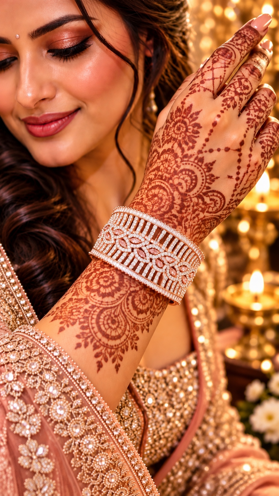 Rose Gold Marquise Vine Wide Bracelet, model wearing the bracelet