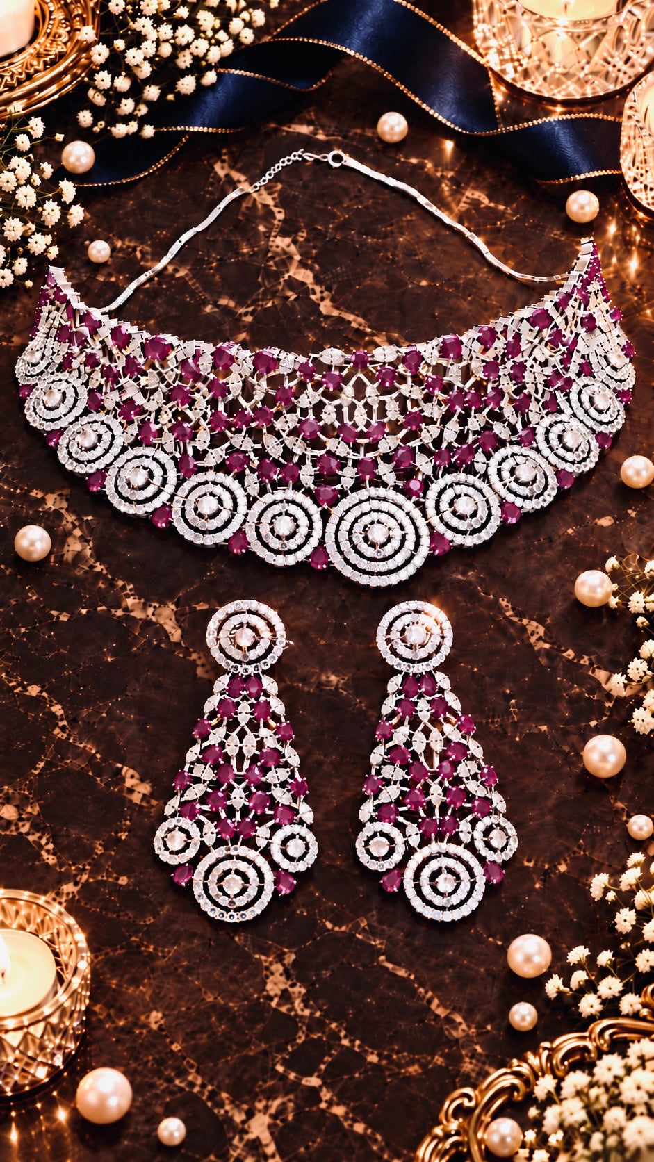 Circular Drop Choker Necklace & Earring Set in Red, product detail