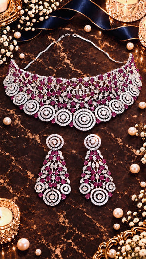 Circular Drop Choker Necklace & Earring Set in Red, product detail