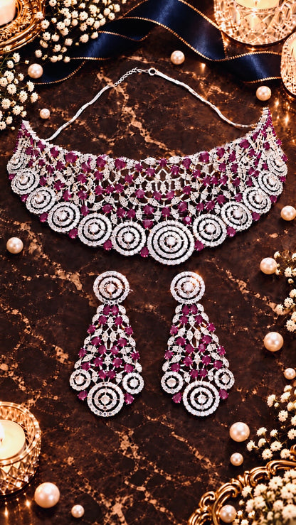 Circular Drop Choker Necklace & Earring Set in Red, product detail