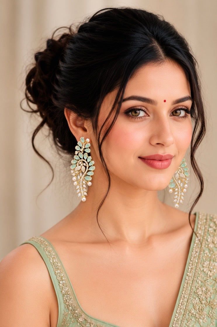 Paisley Leaf Pearl Drop Earrings, Green colour and Gold finish, model wearing the jewellery