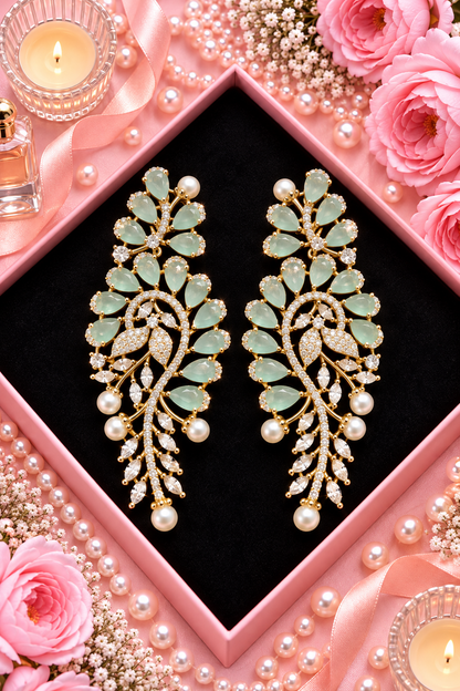 Paisley Leaf Pearl Drop Earrings, Green colour and Gold finish, product view