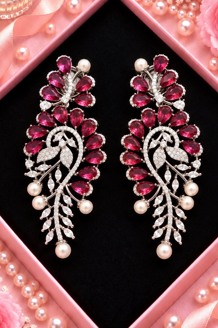 Paisley Leaf Pearl Drop Earrings, Maroon colour and Silver finish, product view
