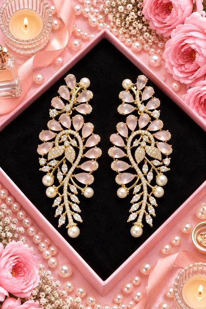 Paisley Leaf Pearl Drop Earrings, Pink colour and Gold finish, product view