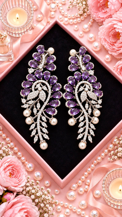 Paisley Leaf Pearl Drop Earrings, Purple colour and Silver finish, product view