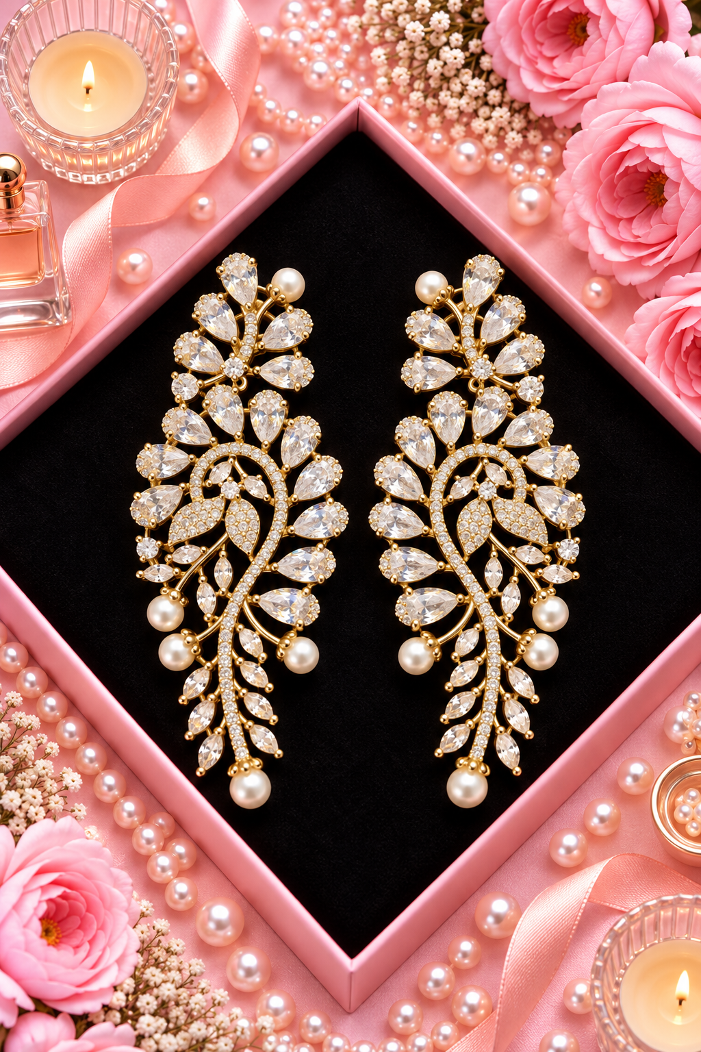 Paisley Leaf Pearl Drop Earrings, White colour and Gold finish, product view