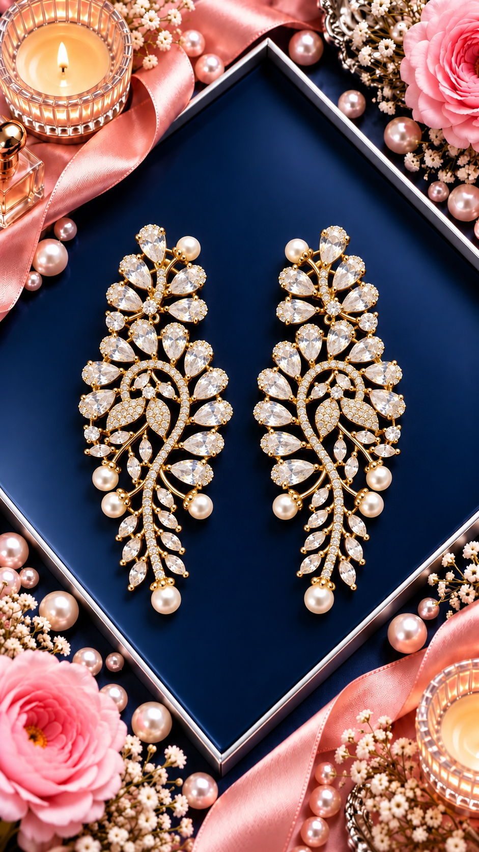 Paisley Leaf Pearl Drop Earrings, White colour and Gold finish, product view