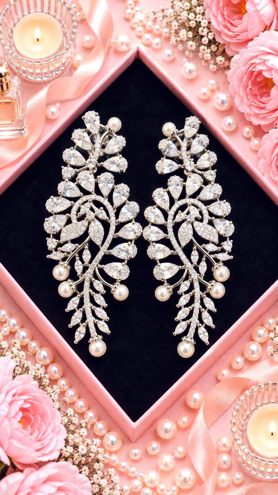 Paisley Leaf Pearl Drop Earrings, White colour and Silver finish, product view