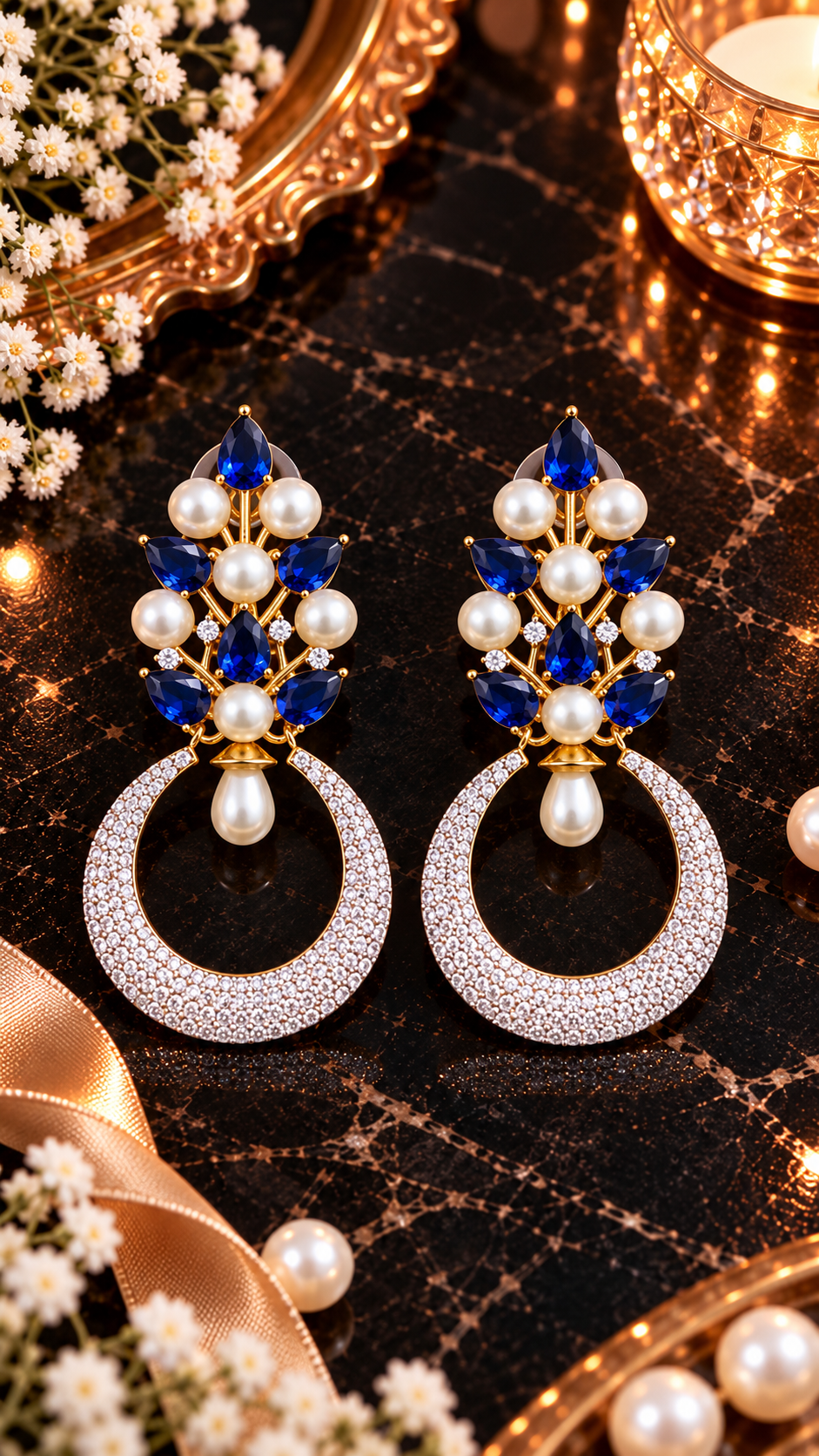 صورة أقراط حلقية هلالية بزخارف زهرية ولؤلؤ