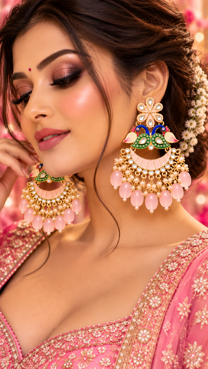 Pink Peacock Kundan Chandbali Earrings, Pink colour and Gold finish, model wearing the jewellery