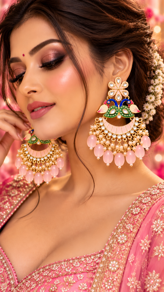 Pink Peacock Kundan Chandbali Earrings, Pink colour and Gold finish, model wearing the jewellery