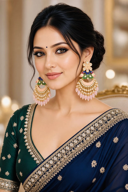 Pink Peacock Kundan Chandbali Earrings, Pink colour and Gold finish, model wearing the jewellery