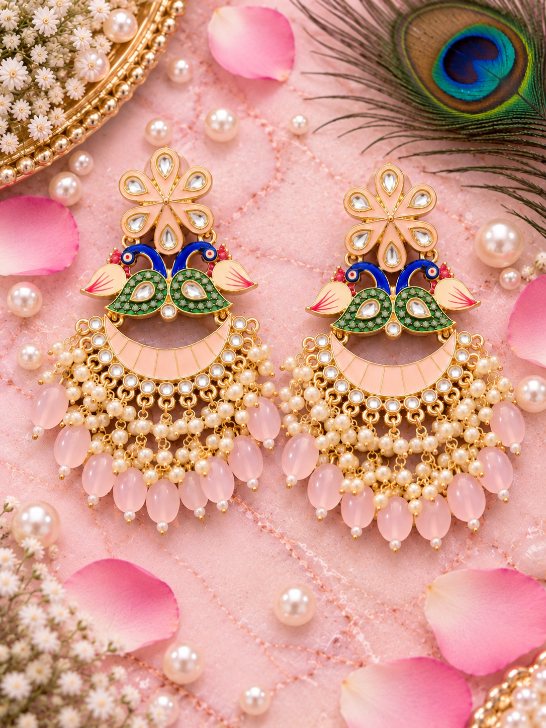 Pink Peacock Kundan Chandbali Earrings, Pink colour and Gold finish, product view