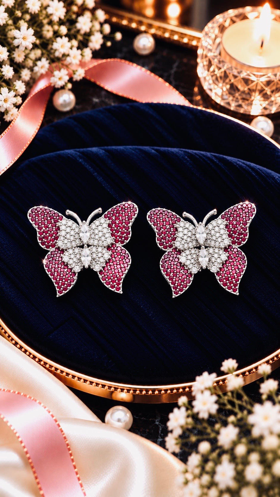 Butterfly Cubic Zirconia Stud Earrings, artistic product view, Pink colour, Silver-tone setting