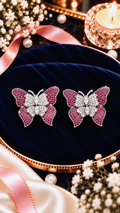 Butterfly Cubic Zirconia Stud Earrings, artistic product view, Pink colour, Silver-tone setting