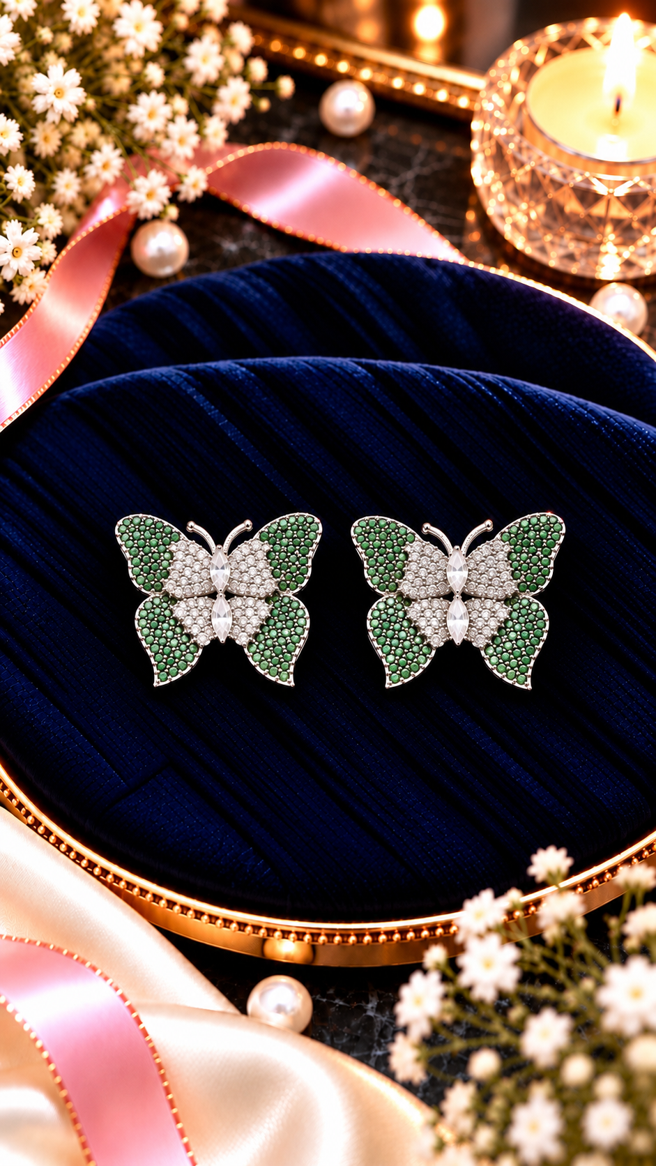 Butterfly Cubic Zirconia Stud Earrings, artistic product view, Green colour, Silver-tone setting