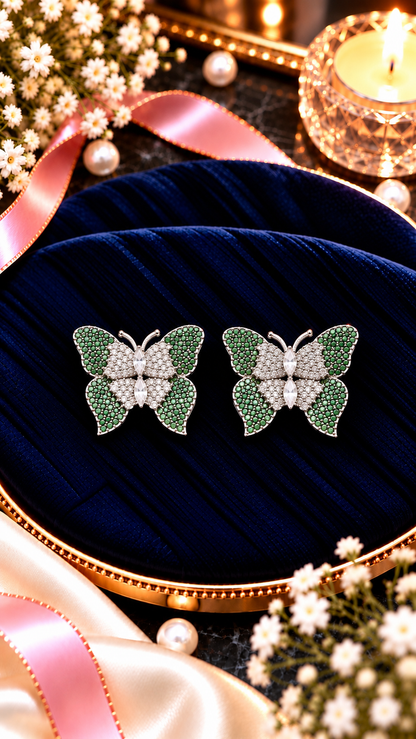 Butterfly Cubic Zirconia Stud Earrings, artistic product view, Green colour, Silver-tone setting
