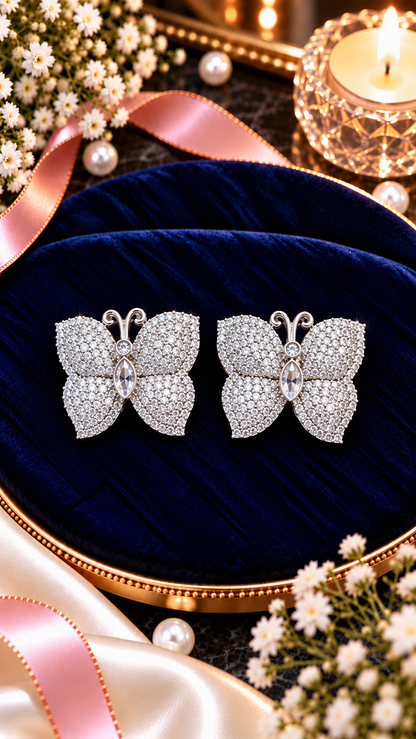 Butterfly Cubic Zirconia Stud Earrings, artistic product view, White colour, Silver-tone setting