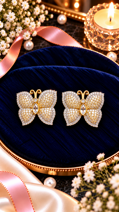 Butterfly Cubic Zirconia Stud Earrings, artistic product view, White colour, Gold-tone setting