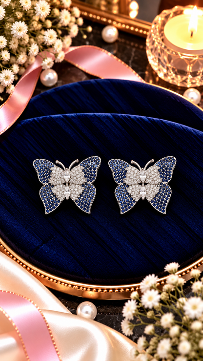 Butterfly Cubic Zirconia Stud Earrings, artistic product view, Blue colour, Silver-tone setting