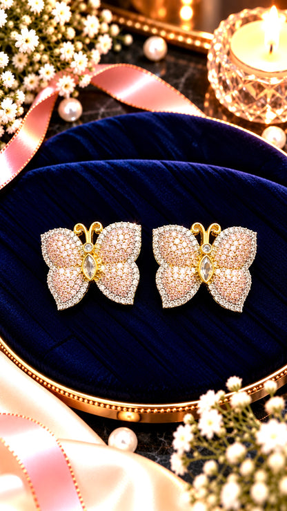 Butterfly Cubic Zirconia Stud Earrings, artistic product view, Pink colour, Gold-tone setting