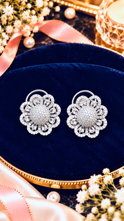Floral Halo Cubic Zirconia Stud Earrings, artistic product view, White colour, Silver-tone setting
