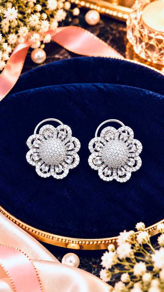 Floral Halo Cubic Zirconia Stud Earrings, artistic product view, White colour, Silver-tone setting