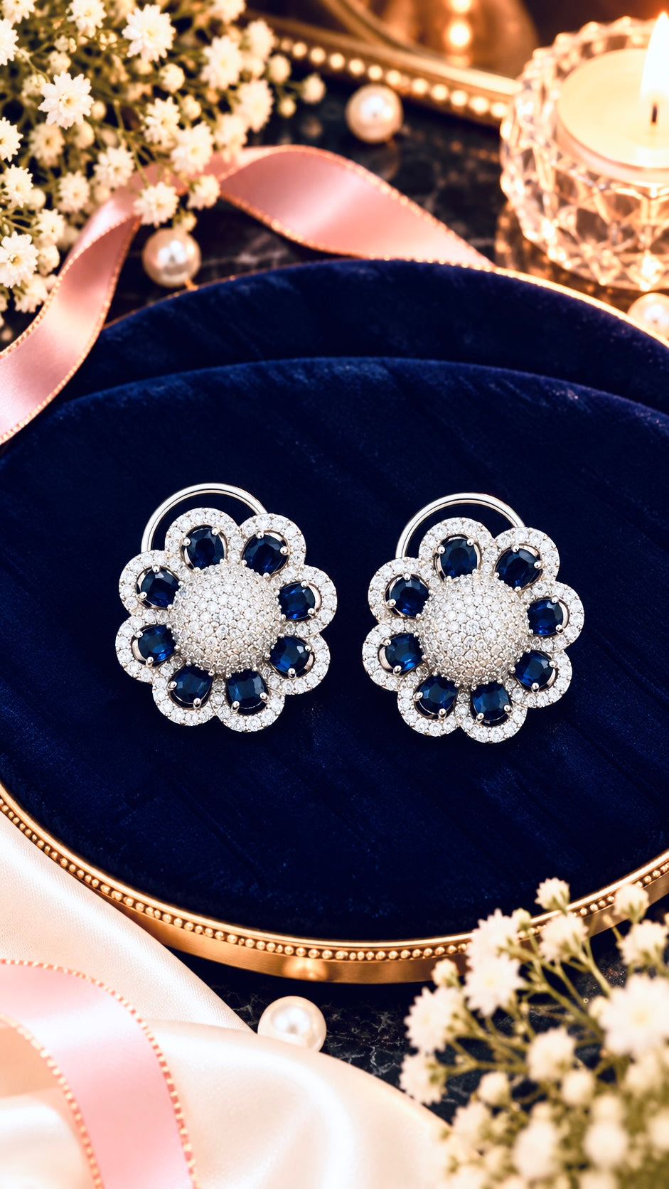 Floral Halo Cubic Zirconia Stud Earrings, artistic product view, Blue colour, Silver-tone setting