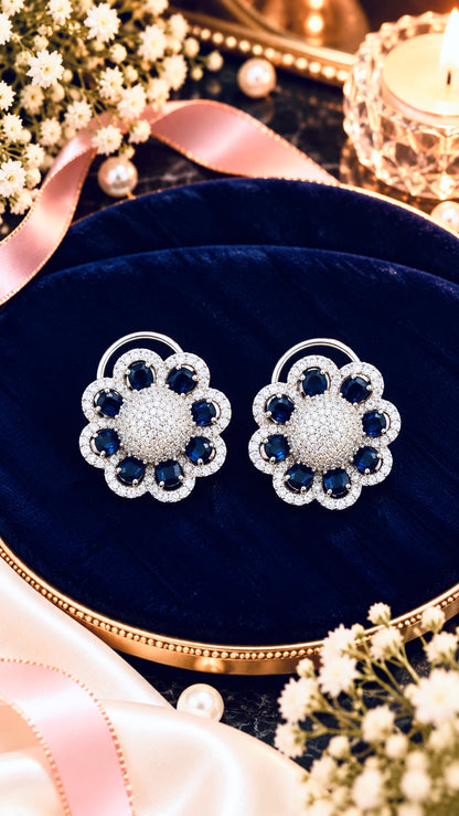Floral Halo Cubic Zirconia Stud Earrings, artistic product view, Blue colour, Silver-tone setting